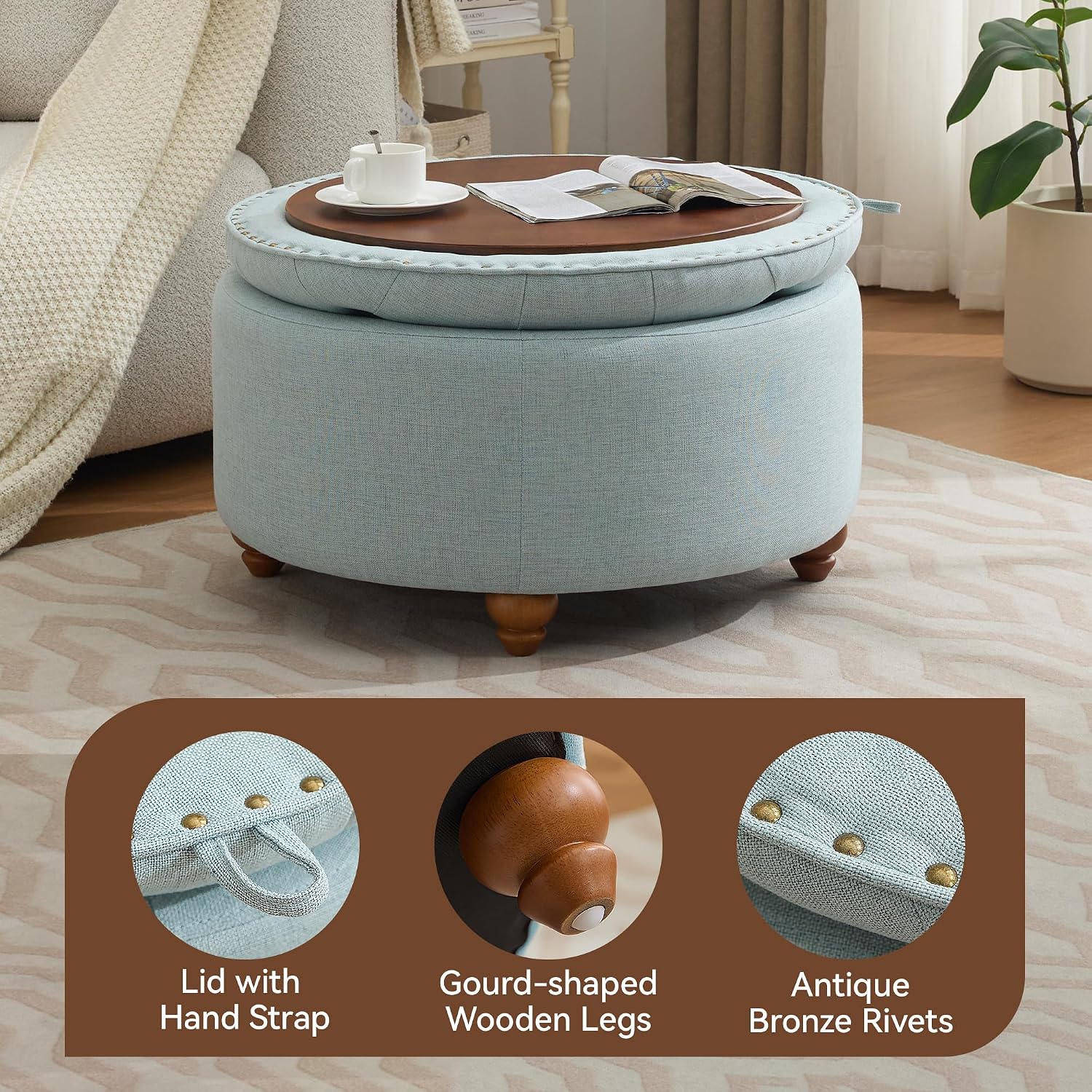 WUTUTUEE 30Inch Round Storage Ottoman with Tray, Modern Tufted Fabric Circle Coffee Table with Storage, Upholstered Ottoman with Removable Top for Living Room, Bedroom, Light Blue