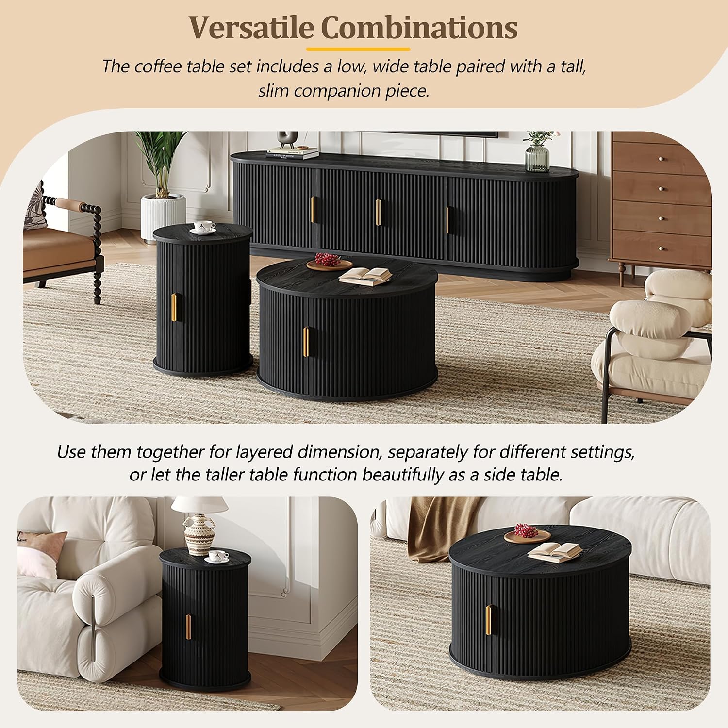 LUMISOL TV Stand and Coffee Table Set of 3, Fluted Entertainment Center with Sliding Doors and Cable Hole for TVs up to 75', Farmhouse Round Center Table for Living Room, Black