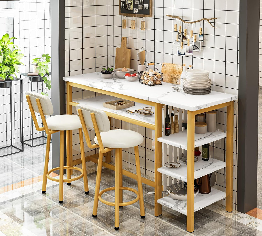 AWQM 3-Piece Bar Table and Chairs Set, Modern White Faux Marble Table with 2 PU Cushion Bar Stools, Kitchen Counter with 3 Tier Storage Shelves, Space Saving Table for Home & Kitchen, White & Gold