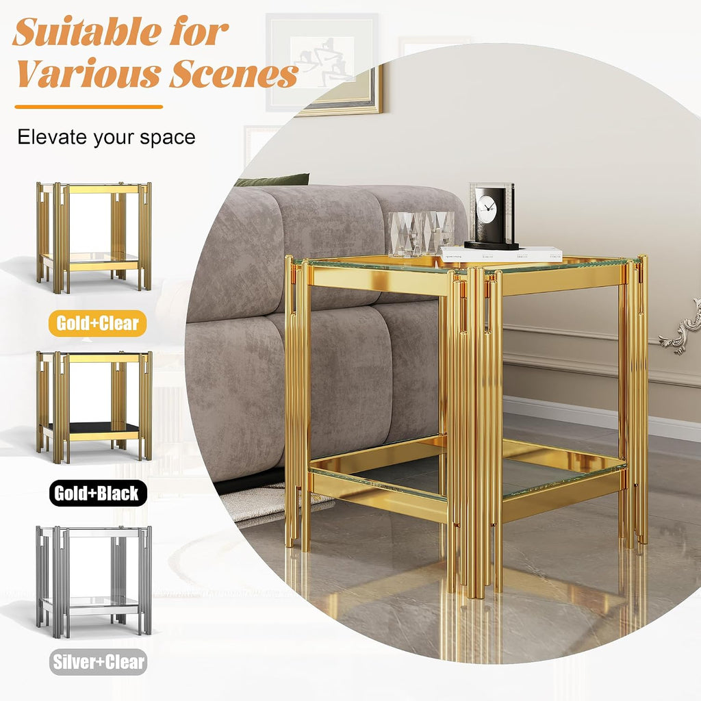 2-Tier Glass End Table, 20' Square Gold Side Table with Stainless Steel Legs and Clear Tempered Glass, Modern Luxury End Table for Living Room Home Office