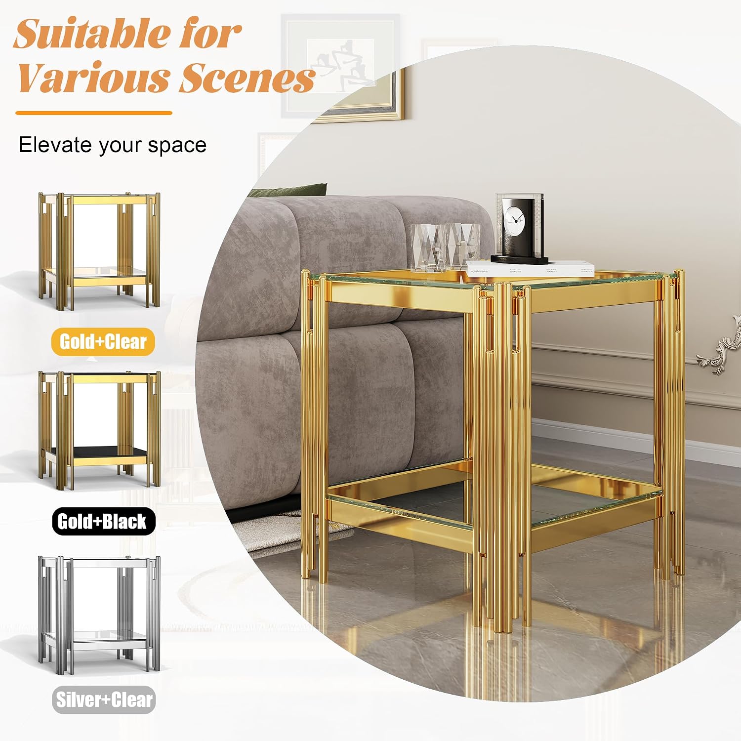 2-Tier Glass End Table, 20' Square Gold Side Table with Stainless Steel Legs and Clear Tempered Glass, Modern Luxury End Table for Living Room Home Office