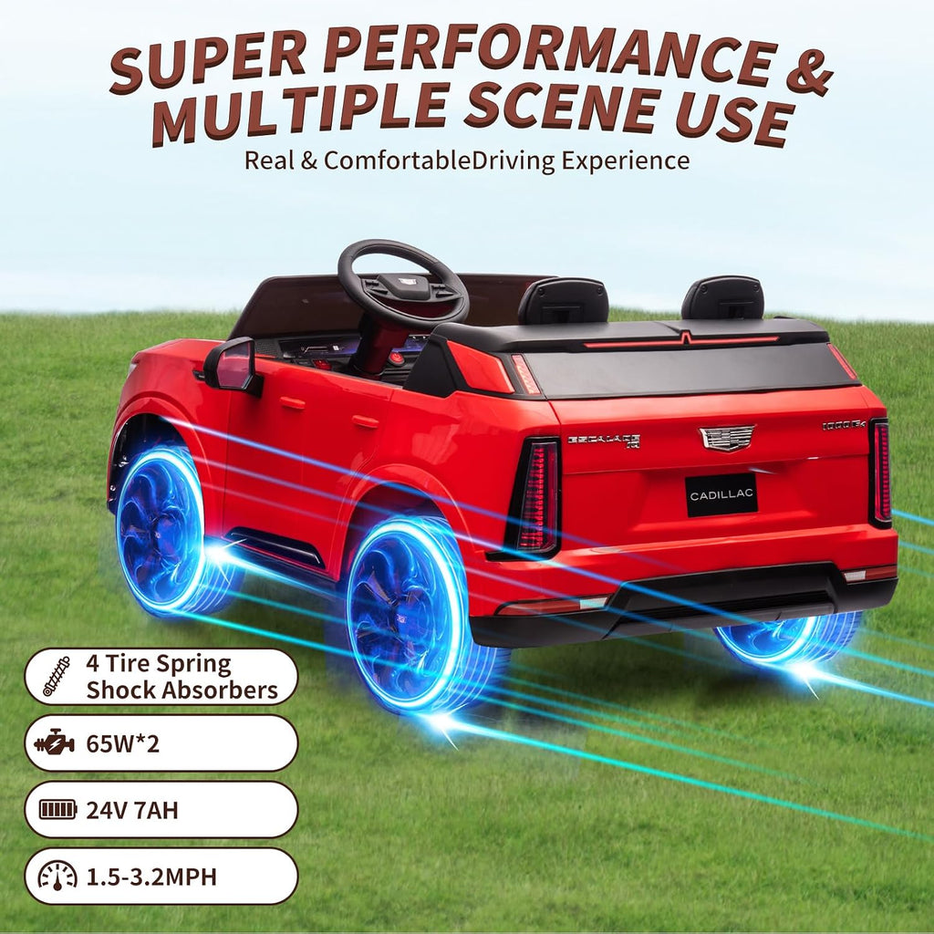 24V Ride On Car, Licensed Cadillac Battery Powered Electric Vehicle w/Remote Control, 2 Seater, 4-Wheel Shock Absorbers, Smooth Start, Music, LED Lights for Boys Girls