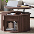 LINSY Lift Top Coffee Table, Round Fluted Coffee Table with Storage, Mid Century Modern Wooden Coffee Tables with Sliding Tambour Door, 31.5' Center Table for Living Room, Office, Small Space, Walnut