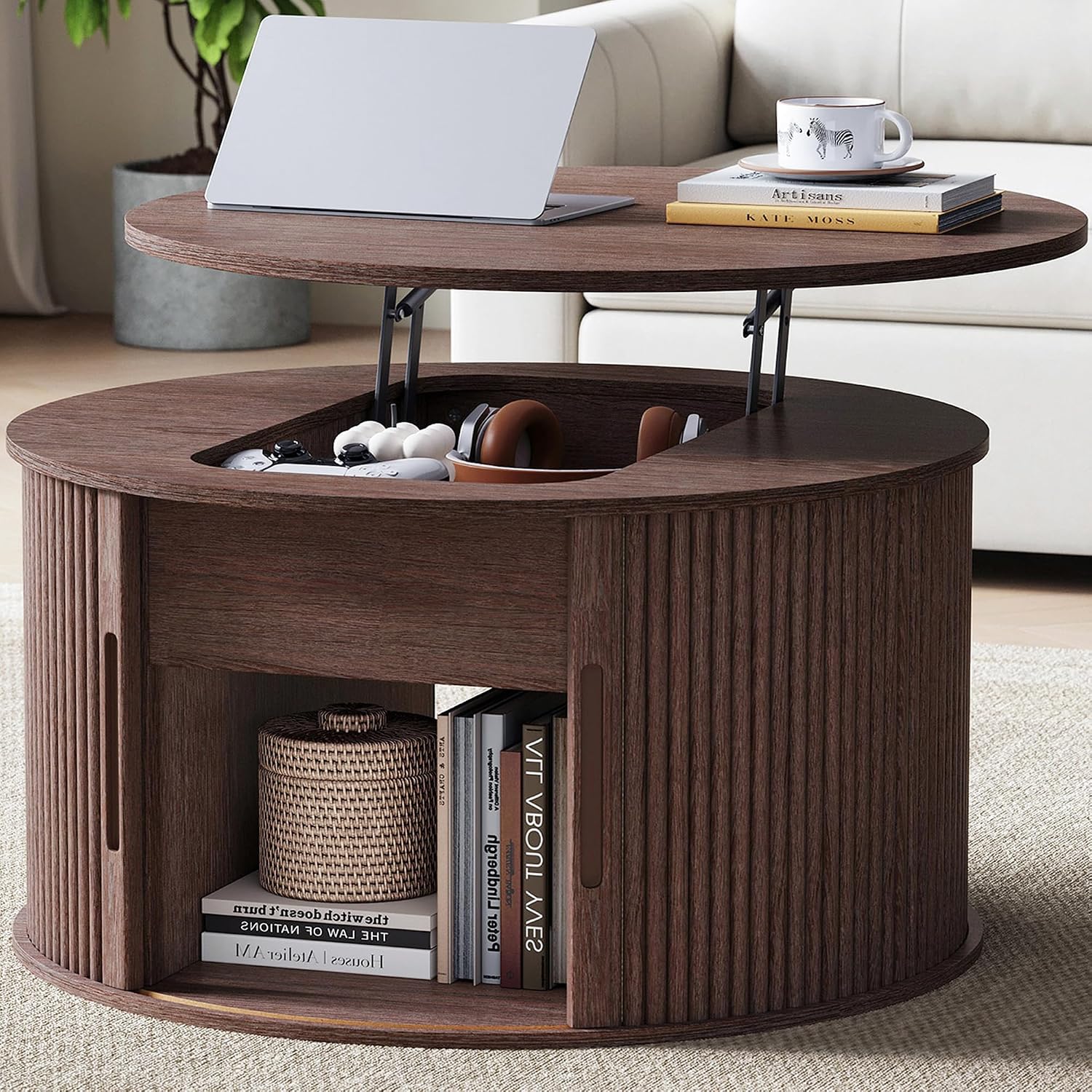 LINSY Lift Top Coffee Table, Round Fluted Coffee Table with Storage, Mid Century Modern Wooden Coffee Tables with Sliding Tambour Door, 31.5' Center Table for Living Room, Office, Small Space, Walnut