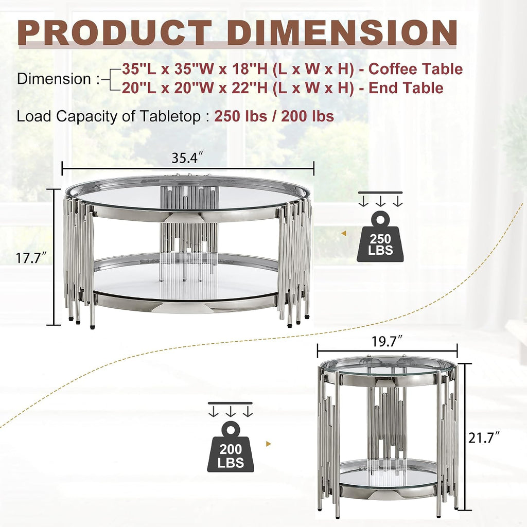 3 Piece Living Room Set, 1 Glass Coffee Table and 2 End Tables with 2 Tier Storage, Tempered Glass Top and Stainless Steel Frame, for Apartment, Living Room, Silver/Clear