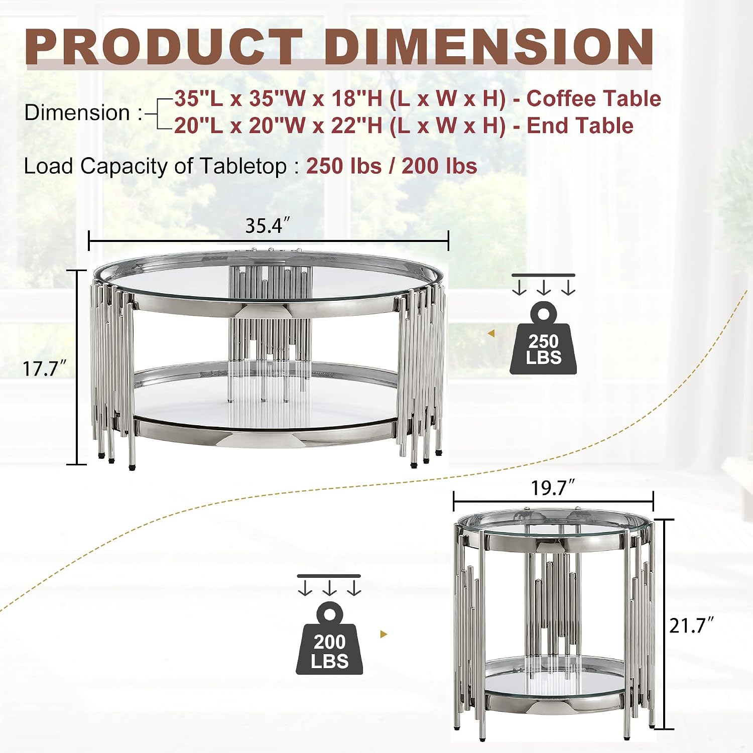 3 Piece Living Room Set, 1 Glass Coffee Table and 2 End Tables with 2 Tier Storage, Tempered Glass Top and Stainless Steel Frame, for Apartment, Living Room, Silver/Clear