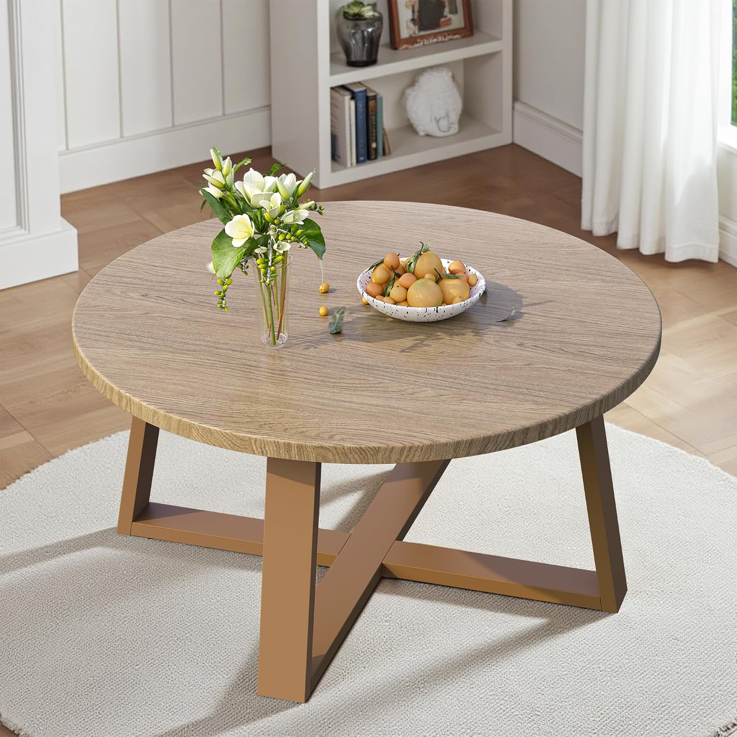Indoor Round Coffee Table with 35.5' Woodgrain Finish Table Top, Outdoor Metal Modern Side Table 125lbs for Backyard Porch Balcony Living Room, Brown