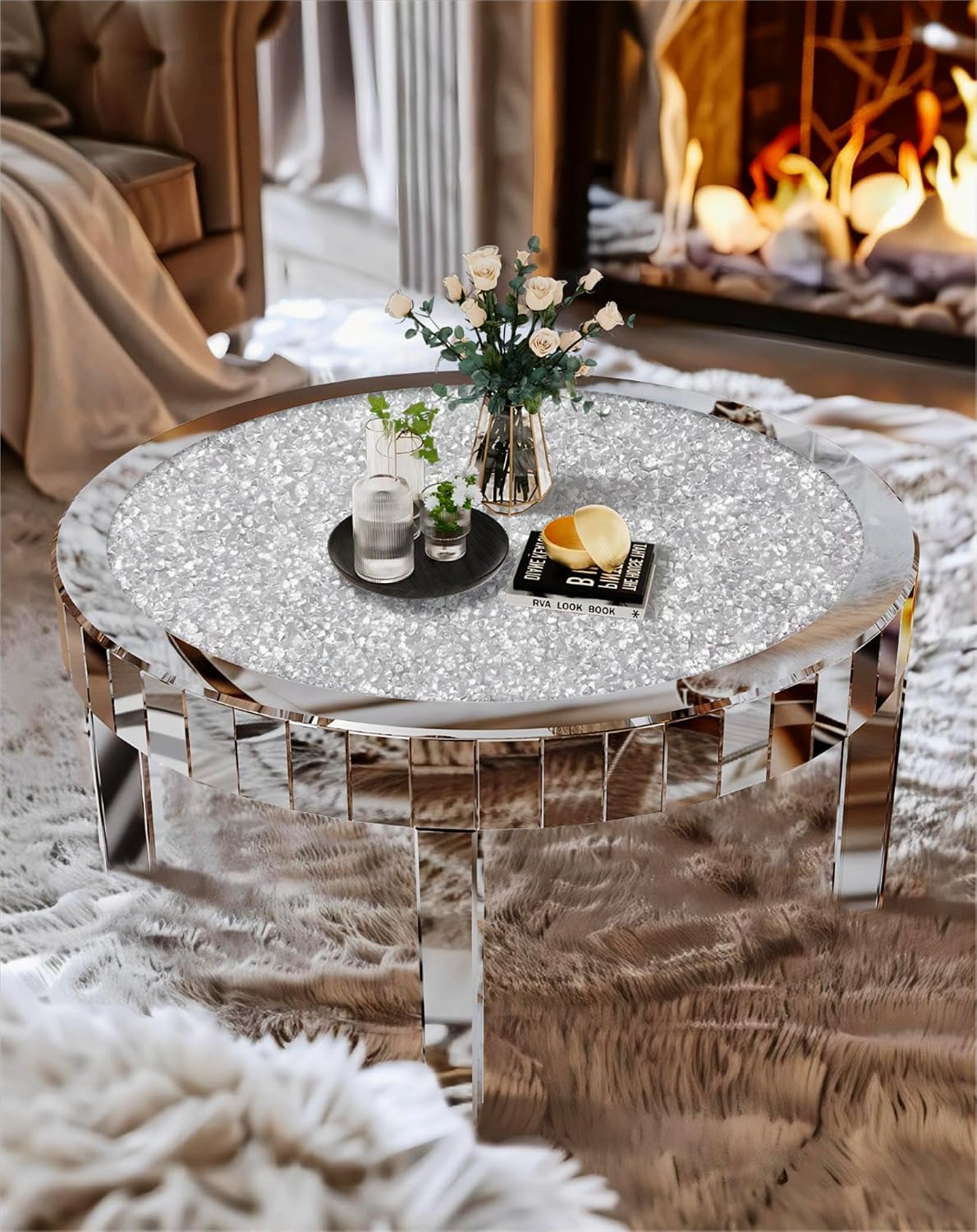 Silver Mirrored Coffee Table: 31.5 inch Round Crystal Glass Mirror Tabletop Crushed Diamond