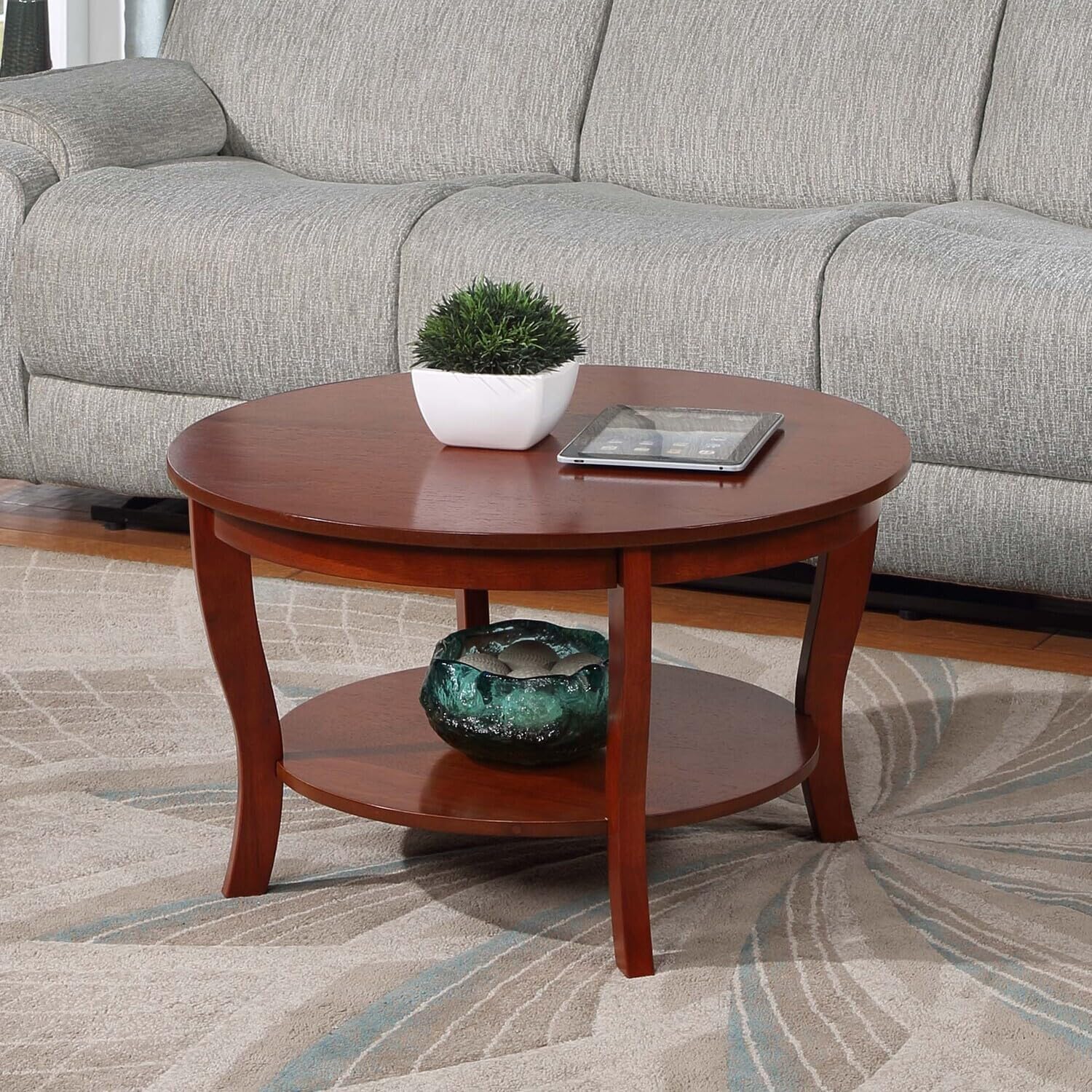HomeStock Global Greatness Round Coffee Table with Shelf, Wood Finish, Classic Transitional Style Table, Two Tier Spacious Shelving, 30.00 x 30.00 x 18.00 Inch Mahogany