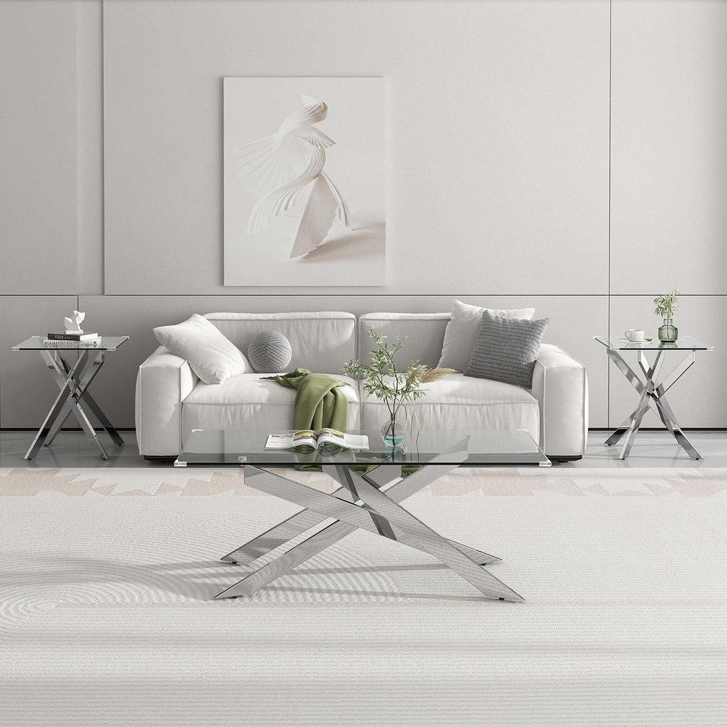 3 Pieces Living Room Table Set, 47' Glass Coffee Table and 2 End Table, Glass Coffee Table Set with Tempered Glass Tabletop and Metal Legs, for Living Room, Leisure, Apartment