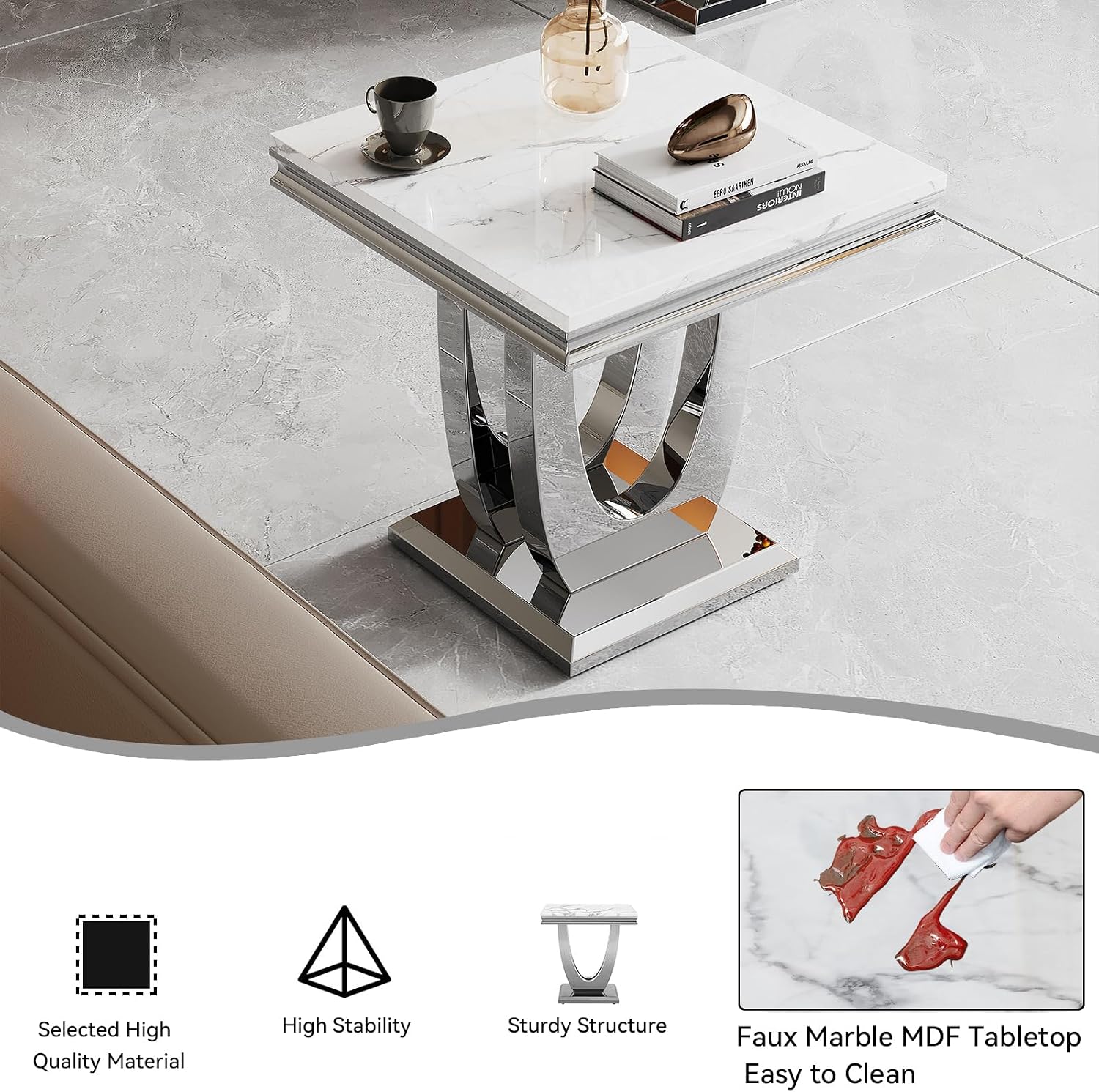 3 Pieces Coffee Table Set, Faux Marble Living Room Table Set of 3, Modern Coffee Table and 2 End Tables with Dual U-Shaped Stainless Steel Base for Living Room (White Silver)