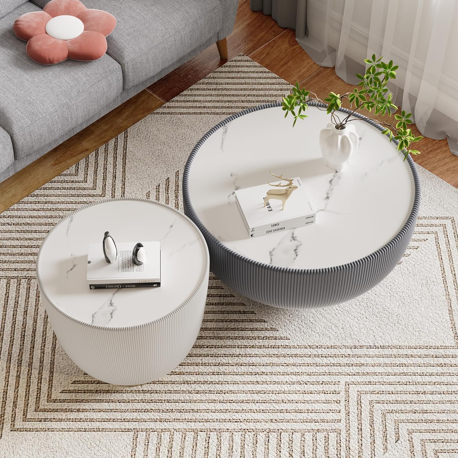Round Coffee Table Set of 2, Sintered Stone Grey Coffee Table with White End Table, Nesting Tables for Living Room, Accent Side Table for Apartment Home Office, No Need Assembly