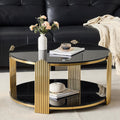 Glass Round Coffee Table with 2-Tier Storage, Black Tempered Glass Top with Gold Stainless Steel Frame, Modern Living Room Table Black Gold Round Center Table, 80 LBS Capacity