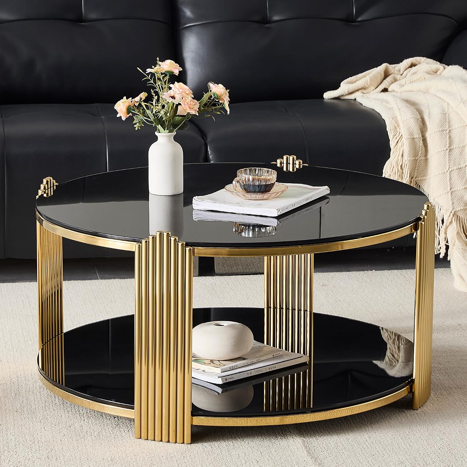 Glass Round Coffee Table with 2-Tier Storage, Black Tempered Glass Top with Gold Stainless Steel Frame, Modern Living Room Table Black Gold Round Center Table, 80 LBS Capacity
