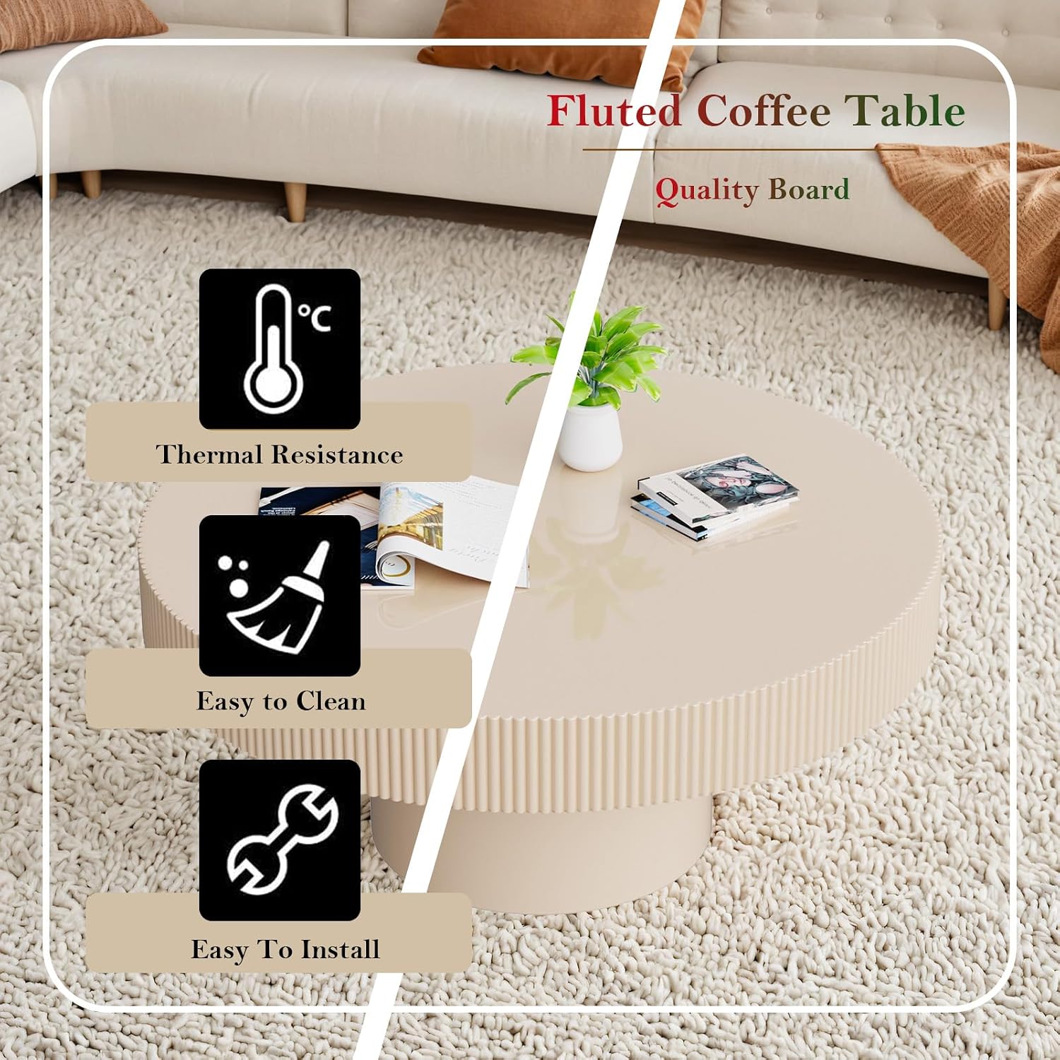 Round Fluted Coffee Table Rustic Circular Pedestal Center Table with Circle Thin Tabletop & Sturdy Base for Living Room Reception Room Study Farmhouse (Lvory White Thin 30.71in)