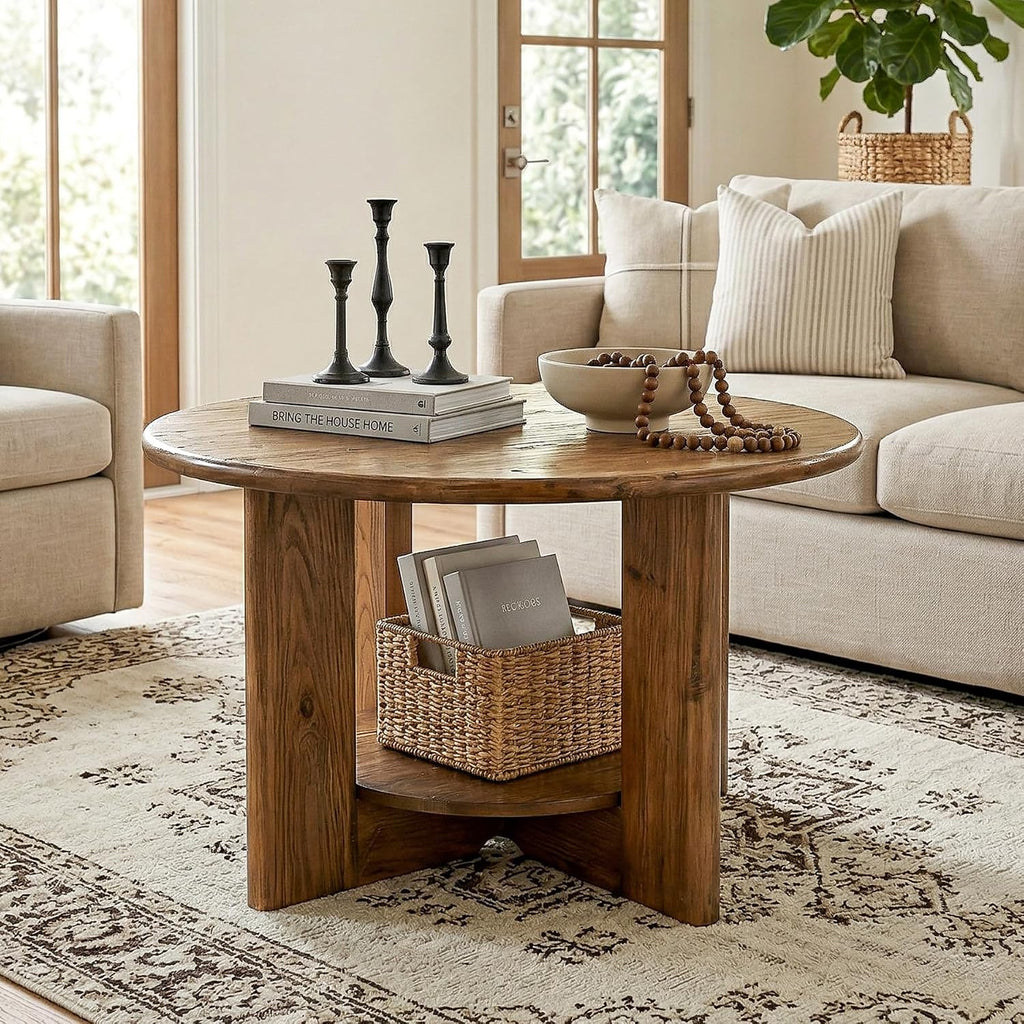 Tribesigns Round Solid Wood Coffee Table, Circle Coffee Table with 2-Tier Storage, Small Farmhouse Center Table for Living Room, Rustic Brown