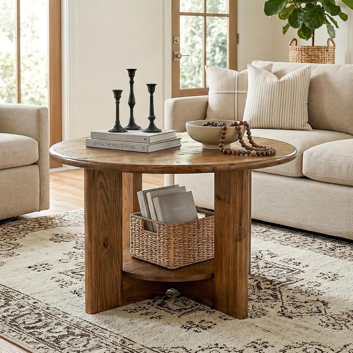 Tribesigns Round Solid Wood Coffee Table, Circle Coffee Table with 2-Tier Storage, Small Farmhouse Center Table for Living Room, Rustic Brown