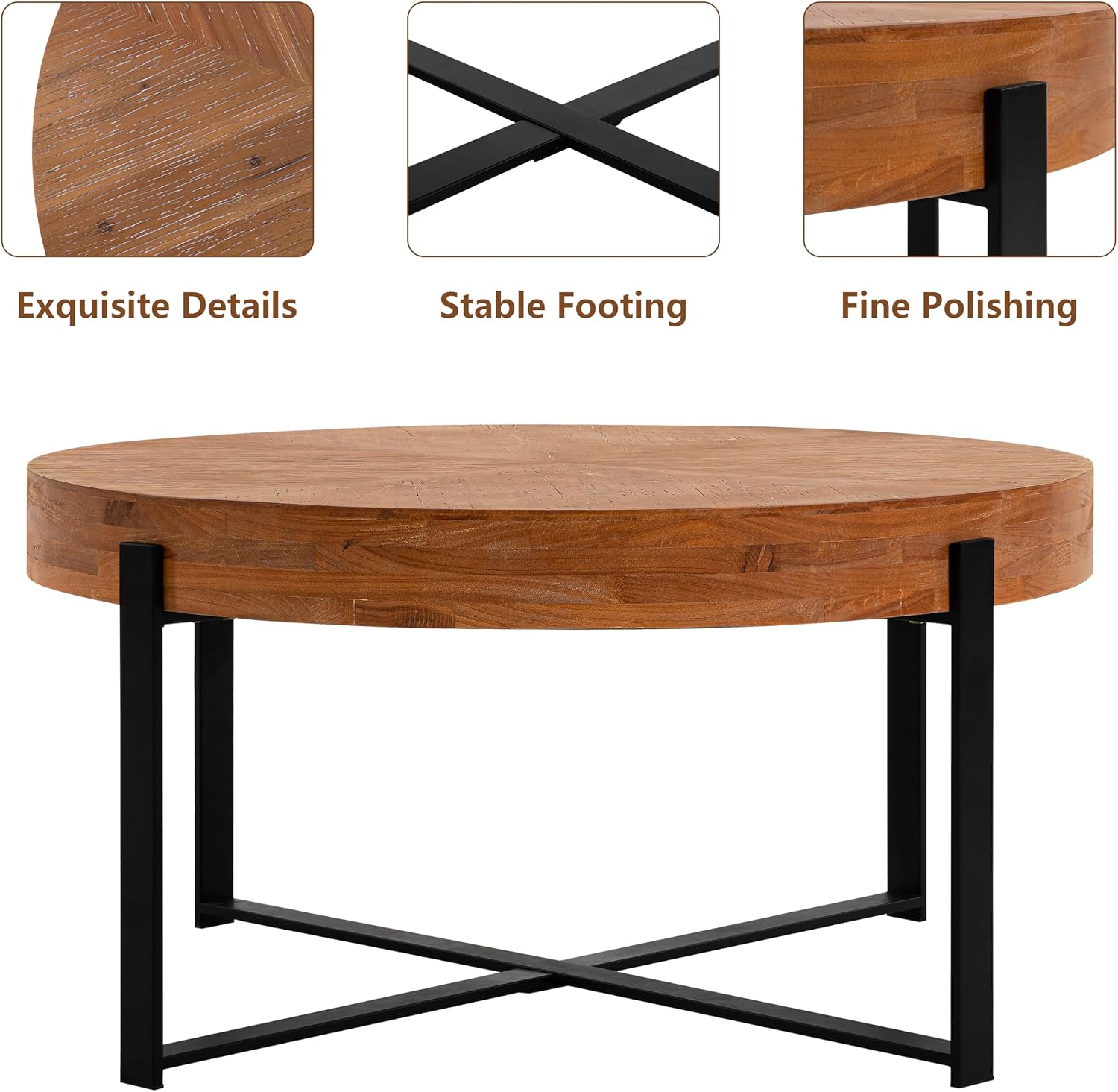 Setawix Farmhouse Round Coffee Table for Living Room, 33.86' Small Side End Table, Wood Retro Splicing Coffee Table, Modern Accent Coffee Table Entry Way Table with Black Metal Cross Leg
