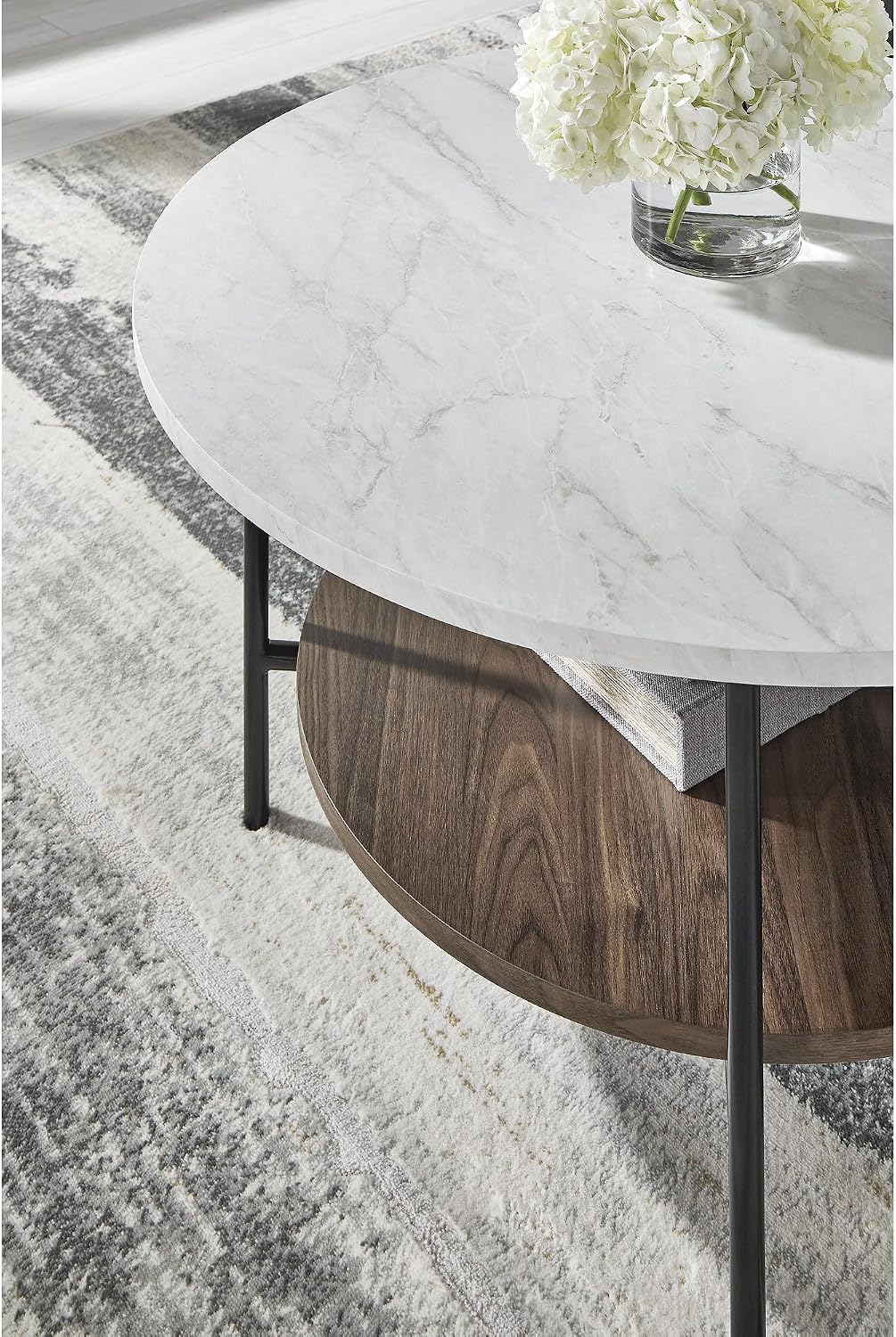 Signature Design by Ashley Wrenwich Contemporary Faux Marble Table with Shelf, Set of 3, Dark Brown & White