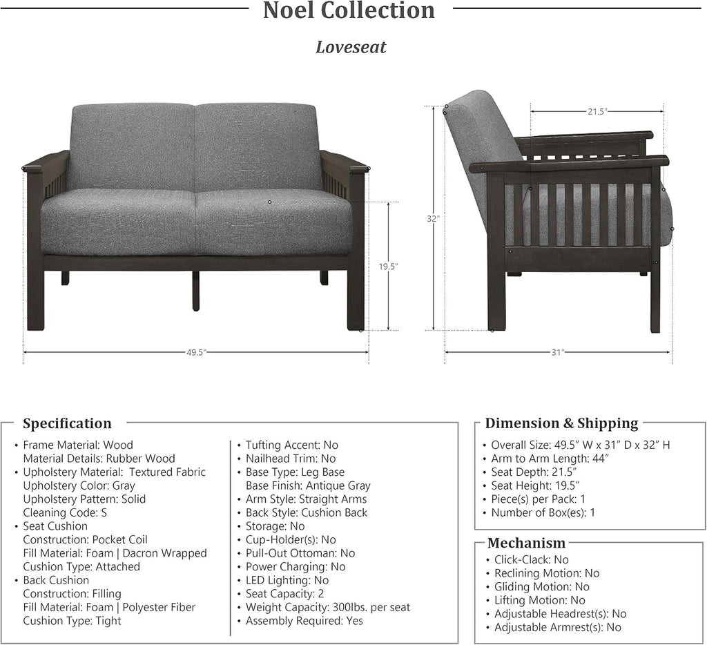 Lexicon Noel 49.5' W Fabric Living Room Sofa Loveseat, Gray
