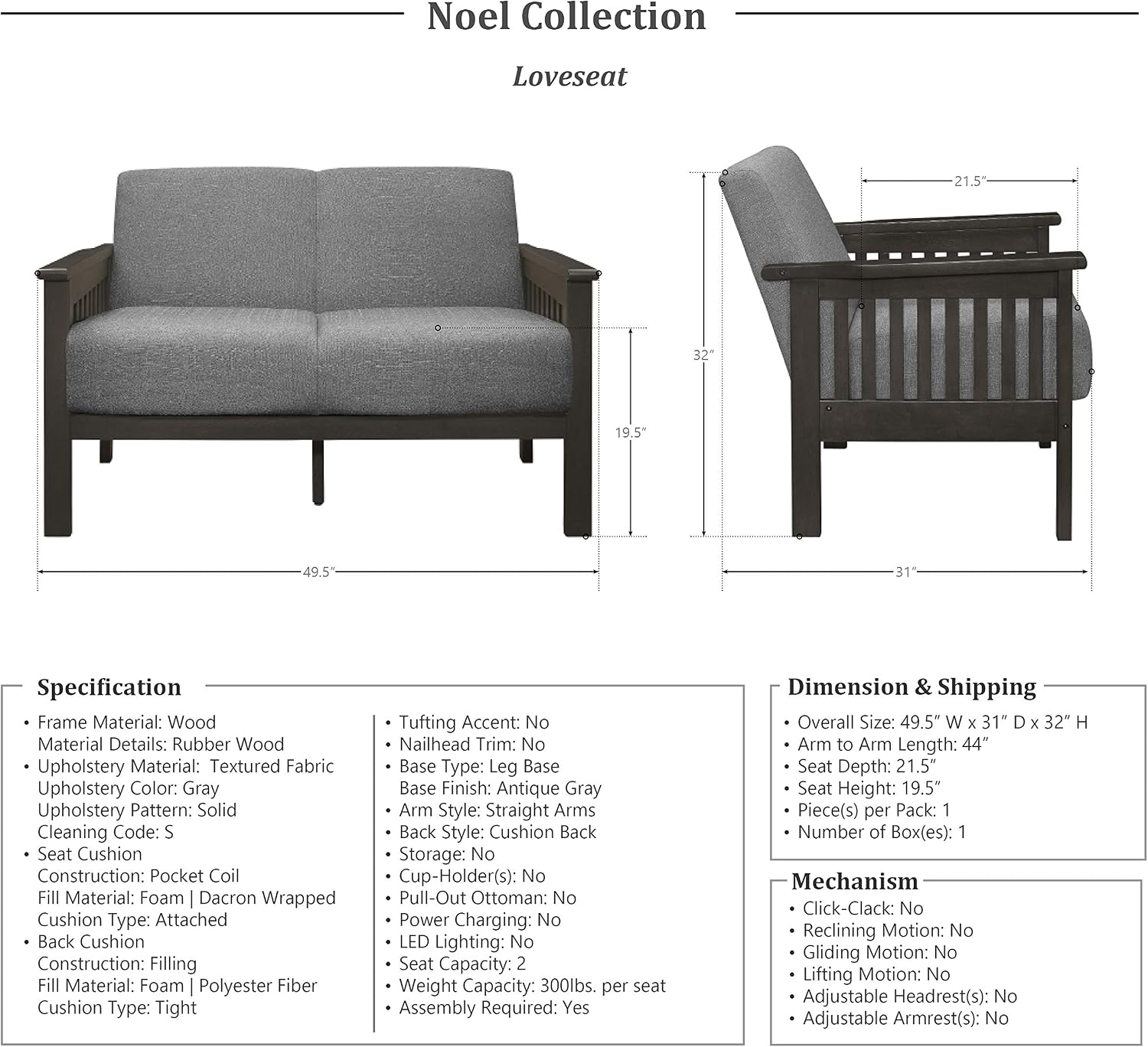 Lexicon Noel 49.5' W Fabric Living Room Sofa Loveseat, Gray