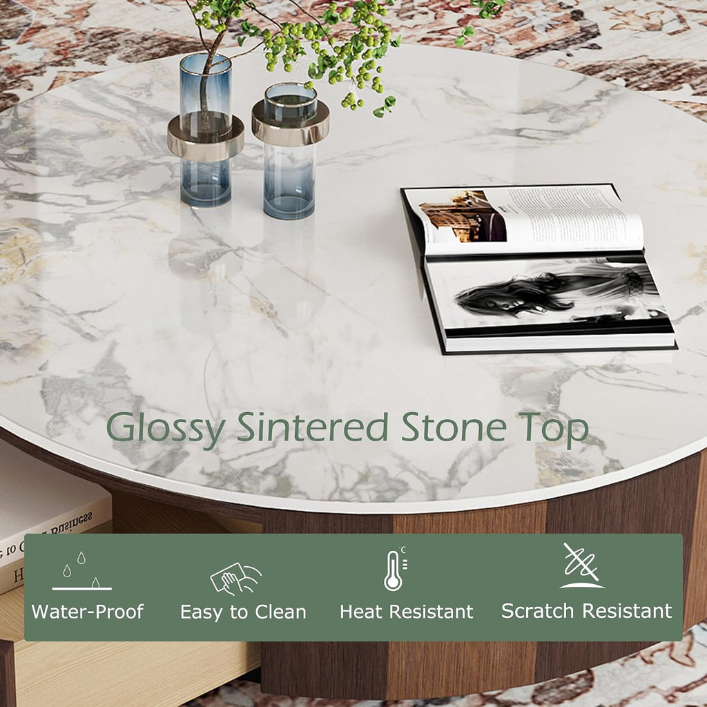 35.43' Modern Coffee Table for Living Room, Round Coffee Table with Storage Drawer, Sintered Stone Top with Metal Base, NO Assembly Living Room Table Tea Table for Home Office