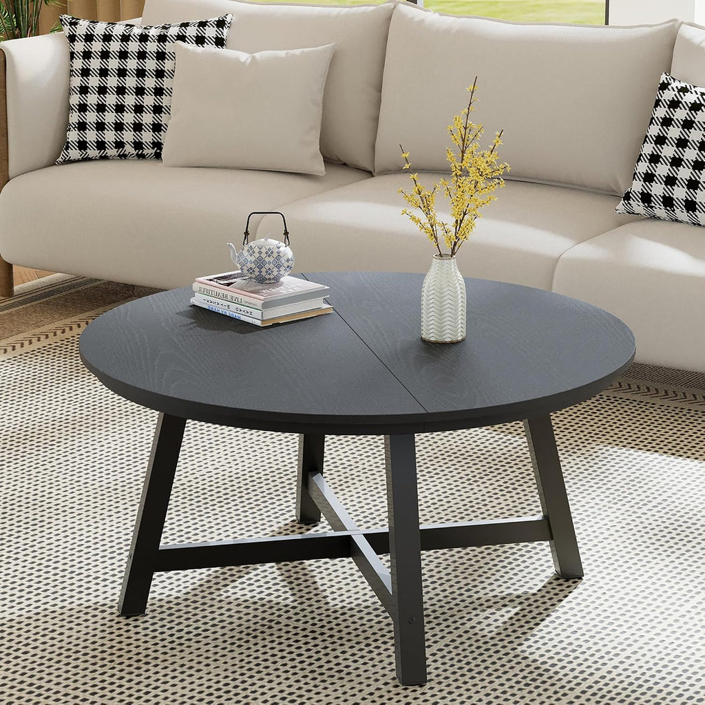 36' Round Coffee Table for Living Room, Large Circle Center Table with Wood Grain Top, Thick Metal Legs & Adjustable Feet, Modern Round Coffee Tables for Apartments Homes Easy Assembly, Black