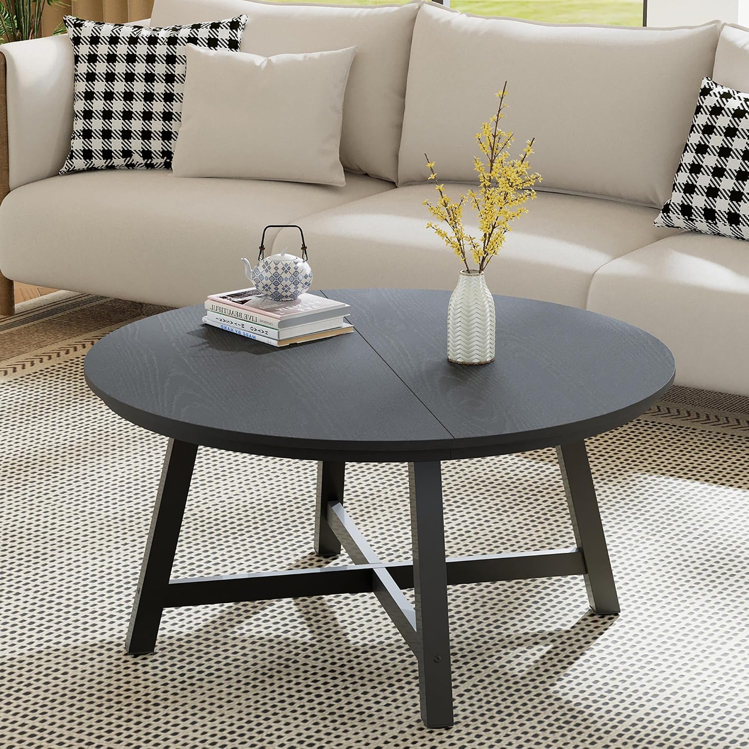 36' Round Coffee Table for Living Room, Large Circle Center Table with Wood Grain Top, Thick Metal Legs & Adjustable Feet, Modern Round Coffee Tables for Apartments Homes Easy Assembly, Black
