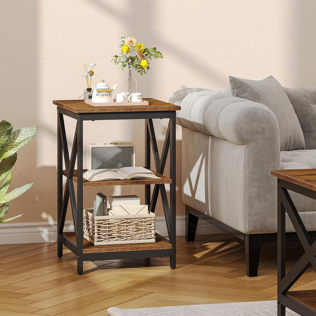 Bigbiglife Living Room Coffee Table Set of 3, Industrial X-Design Coffee Table and 2 End Side Tables, 3 Piece Living Room Table Set with Large Storage for Apartment Home (Dark Rustic Brown)