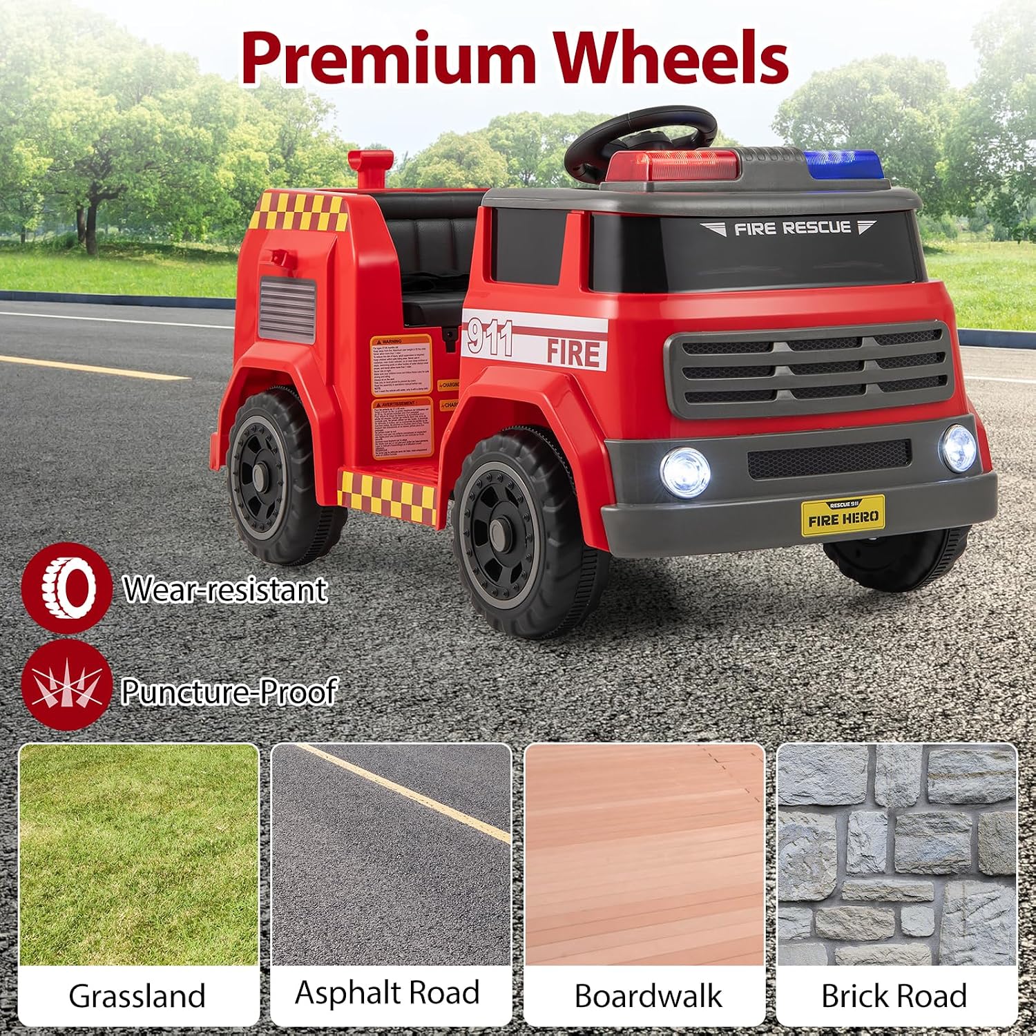 HONEY JOY Ride On Fire Truck, 12V Battery Powered Electric Car for Kids, Water Tank, Loudspeaker, Shovel, Music, Siren & Light, Firetruck Ride On Toy, Ride On Car w/Remote Control (Fire Truck)