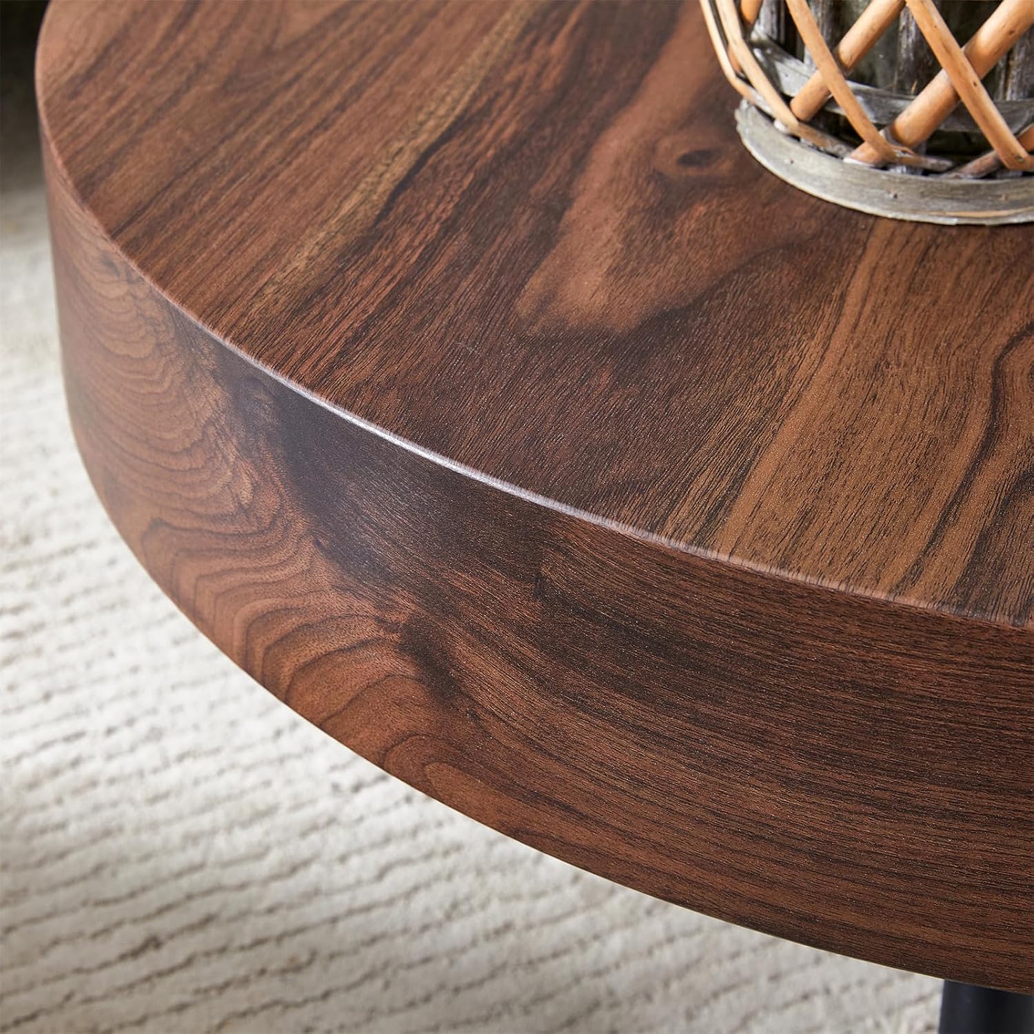 Round Coffee Table, Small Wood Coffee Table with Storage, Modern Mid Century Circle Tables Accent Center Tables for Living Room Apartment Small Space (31.5''D-Walnut)