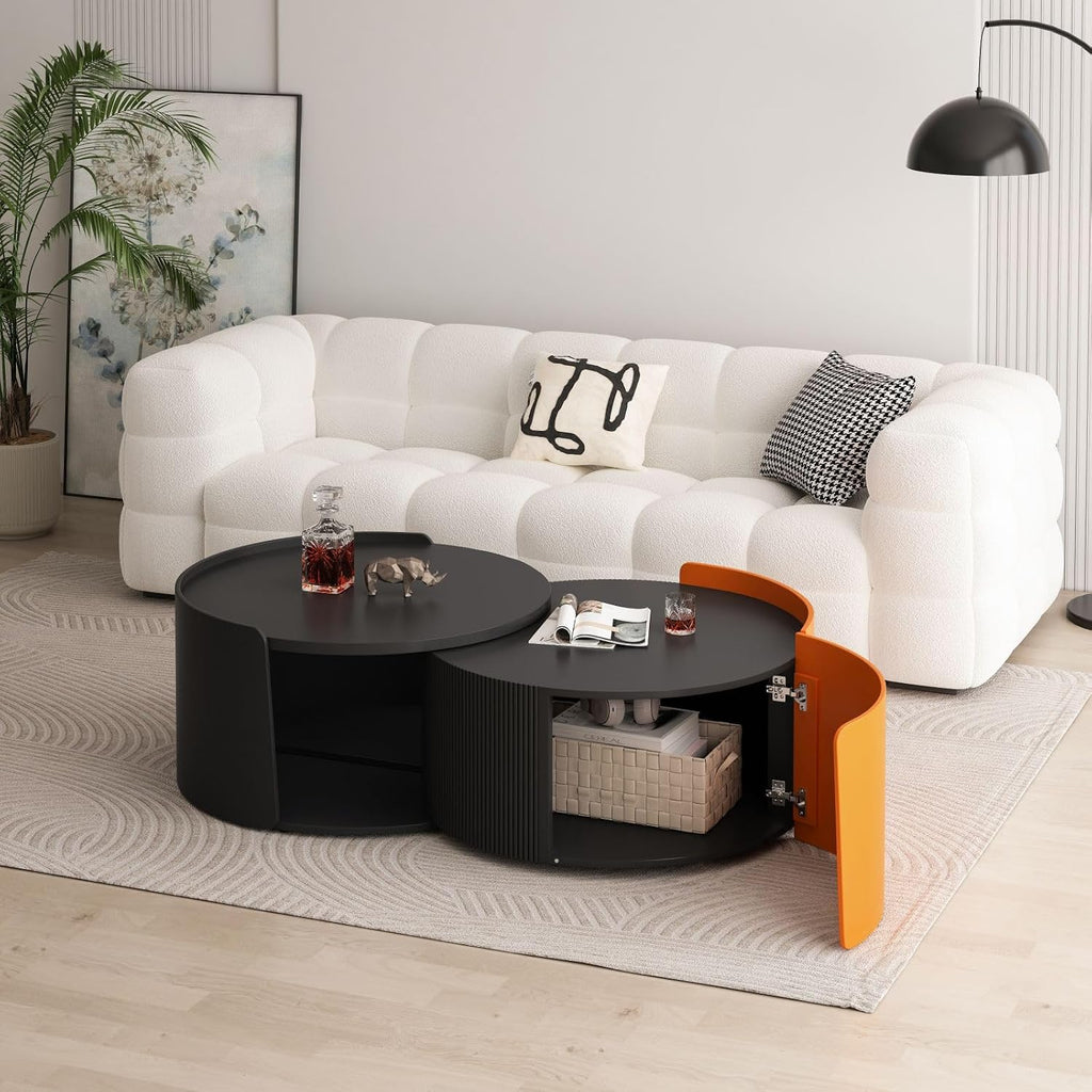 KEVINSPACE Round Coffee Table Mid Century Modern Coffee Table Pull Out Design Farmhouse Coffee Table with Storage Cocktail Table for Living Room Patio Office Abstract End Tables Black
