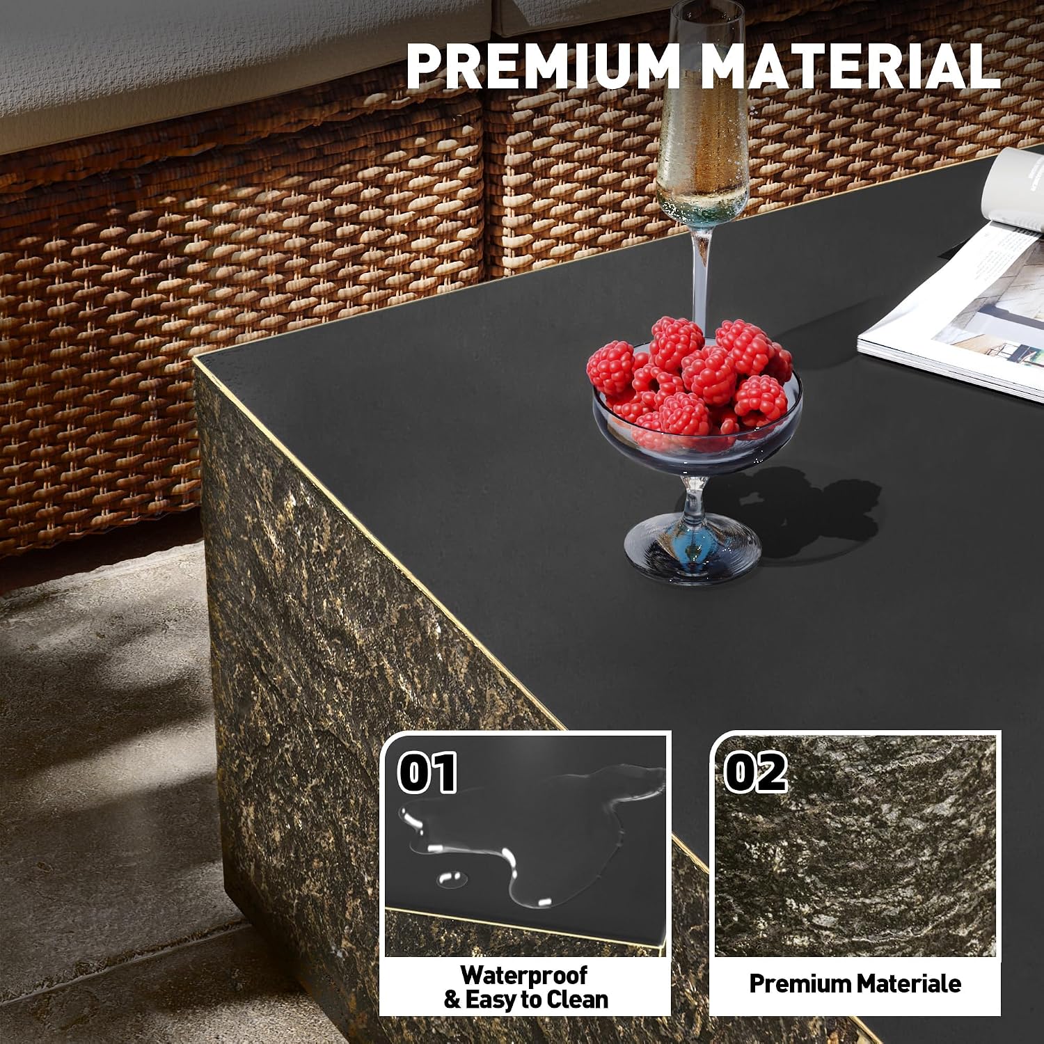 Patio Watcher 28' Modern Square Coffee Table, Light Concrete Textured Center Table for Living Room, Stone Accent Coffee Tea Table for Apartment, 28'×28'×13', No Assembly, Bronze