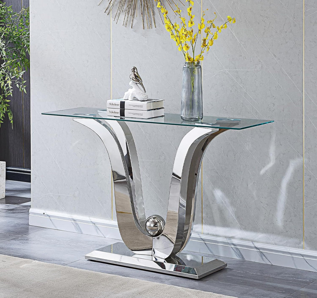 Modern Silver Glass Coffee Table Set of 2, Clear Glass Coffee Table and Console Sofa Table Set with Stainless Steel Frame, Luxury Silver 2 Piece Living Room Table Set for Home Office Apartment