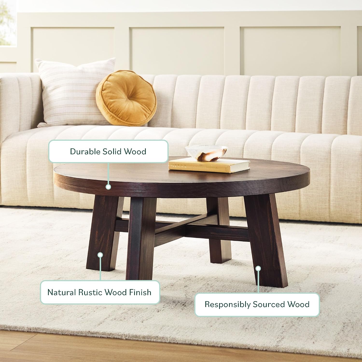 Walker Edison Colt Modern Farmhouse Solid Wood Round Coffee Table, 36 Inch, Espresso