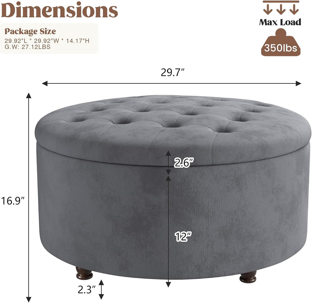 30 Inch Round Storage Ottoman,Modern Tufted Ottomans,Circular Coffee Table with Removable Top,Upholstered Large Ottoman with Storage Footrest Stool for Bedroom Living Room (Grey)