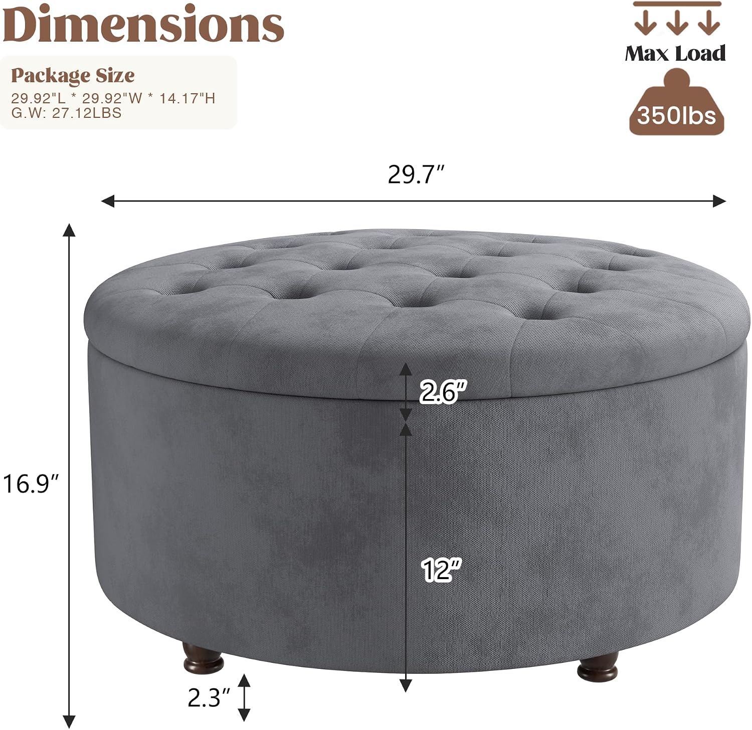 30 Inch Round Storage Ottoman,Modern Tufted Ottomans,Circular Coffee Table with Removable Top,Upholstered Large Ottoman with Storage Footrest Stool for Bedroom Living Room (Grey)