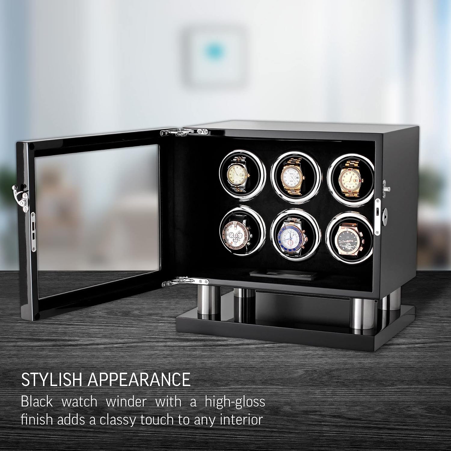 Watch Winder for 6 Watches with LED Light, LCD Display and Motor-Stop Option