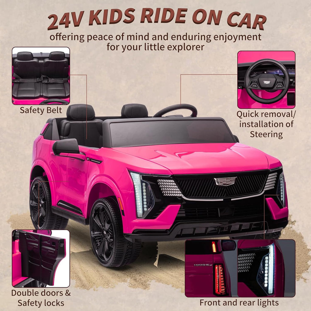 24V Ride On Car, Licensed Cadillac Battery Powered Electric Vehicle w/Remote Control, 2 Seater, 4-Wheel Shock Absorbers, Smooth Start, Music, LED Lights for Boys Girls