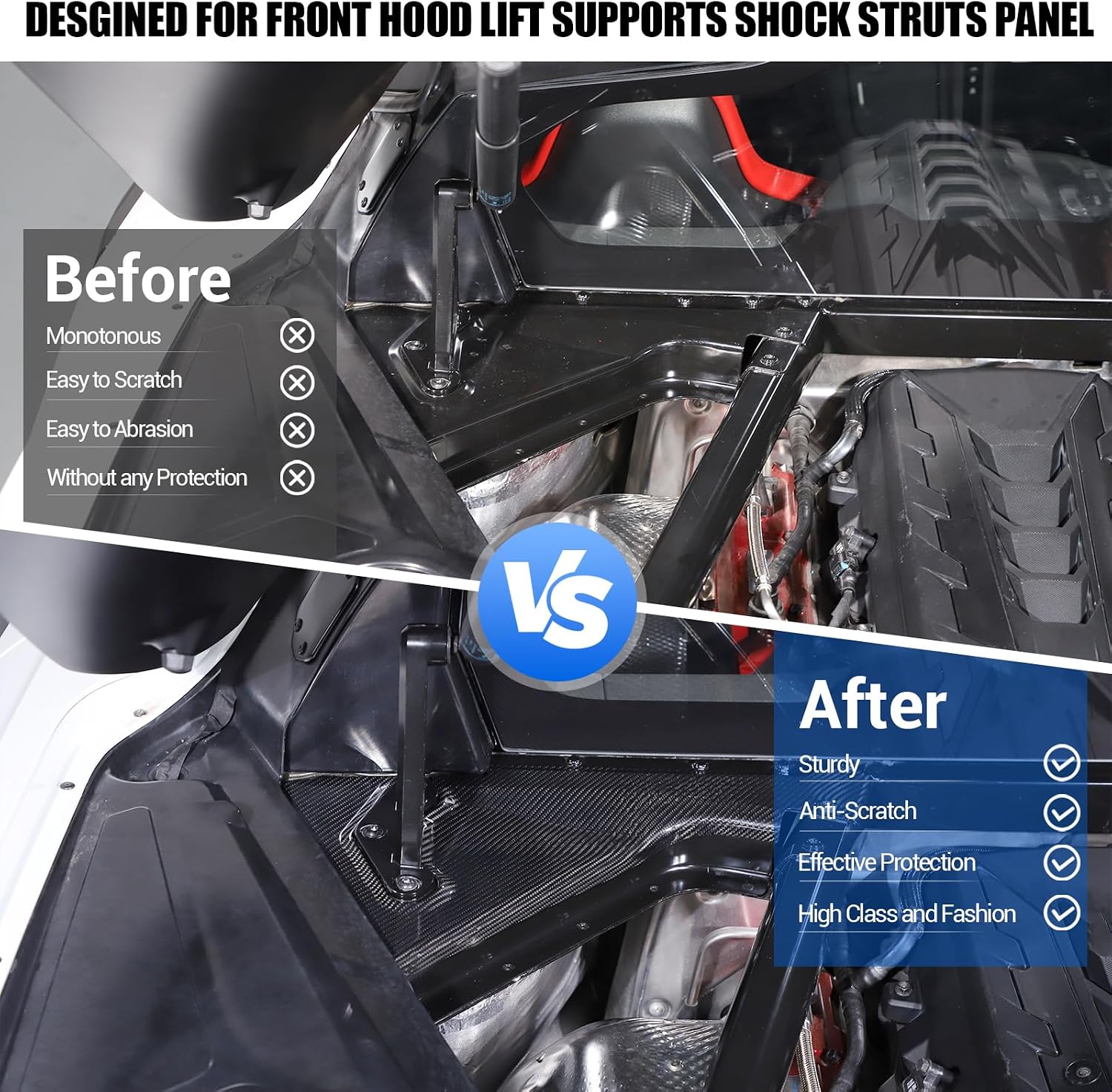 Real Carbon Fiber Engine Bay Panel Cover Compatible with Chevrolet Corvette C8 2020-2026, Front Hood Lift Supports Shock Struts Base Trim Cover Accessories 2Pcs (Black)