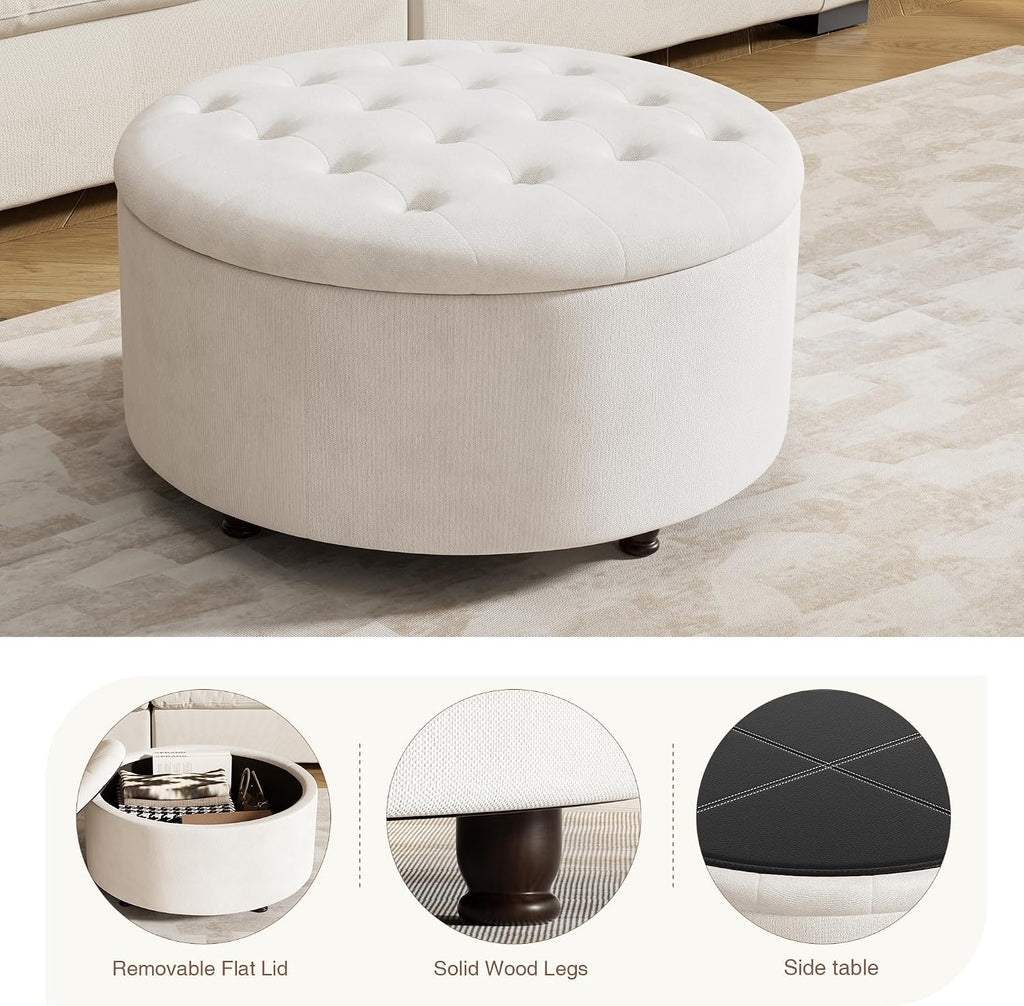 30 Inch Round Storage Ottoman,Modern Tufted Ottomans,Circular Coffee Table with Removable Top,Upholstered Large Ottoman with Storage Footrest Stool for Bedroom Living Room (White)