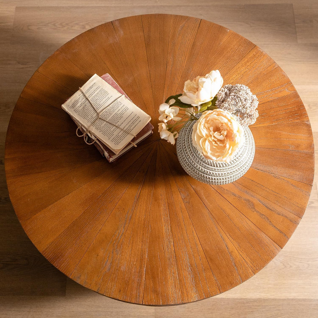 31.5'' Round Wood Coffee Table with Storage for Living Room, Modern Vintage Farmhouse Bucket Shaped Drum Coffee Table for Living Room Apartment Bedroom (Brown, ø31.5'' x 17.7'')