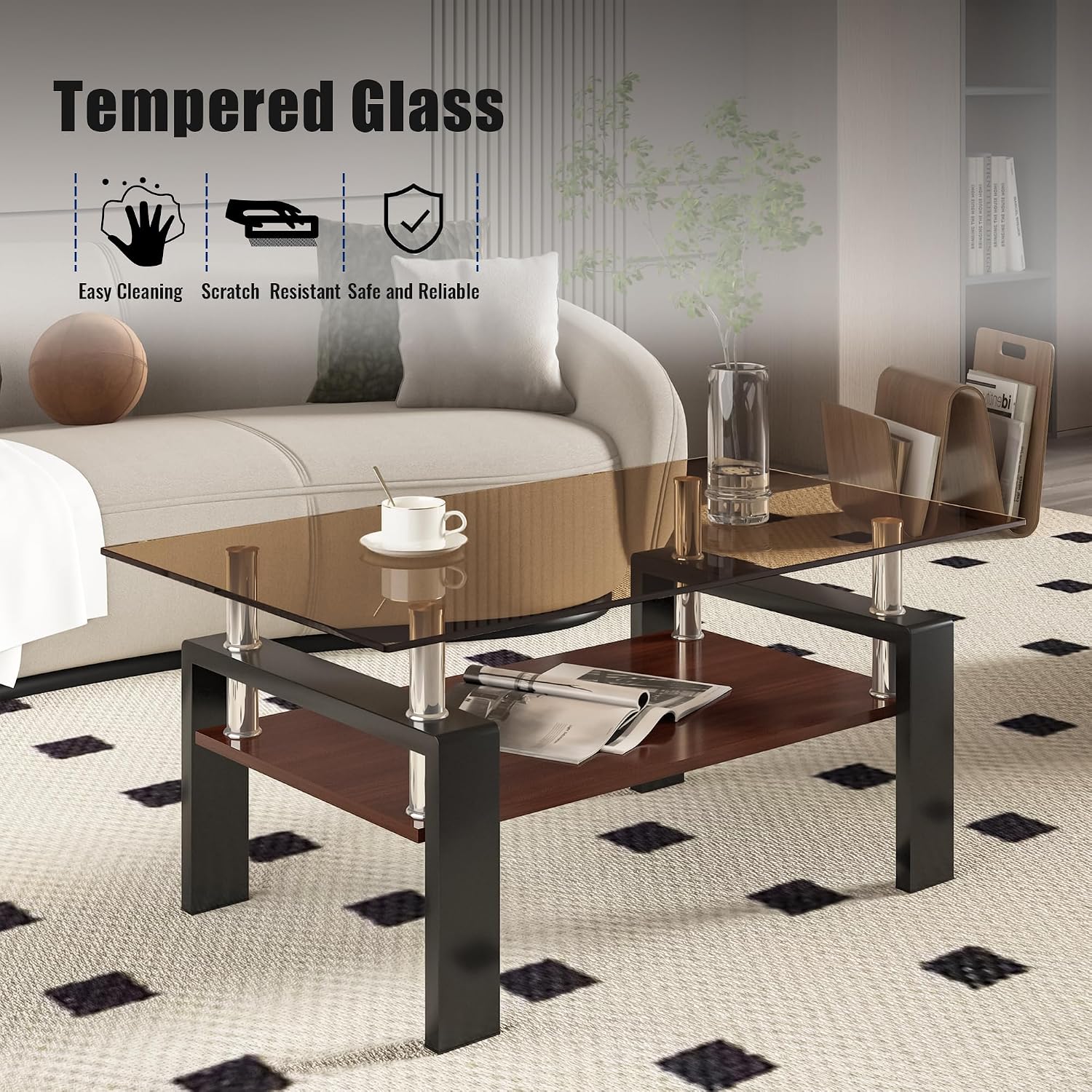 Glass Coffee Table Sets of 3 for Living Room, Mordern End Tables with Storage, Walnut Wooden Shelves & Black Metal Leg, Rectangle Center Table for Small Space Apartment (Brown+Black)