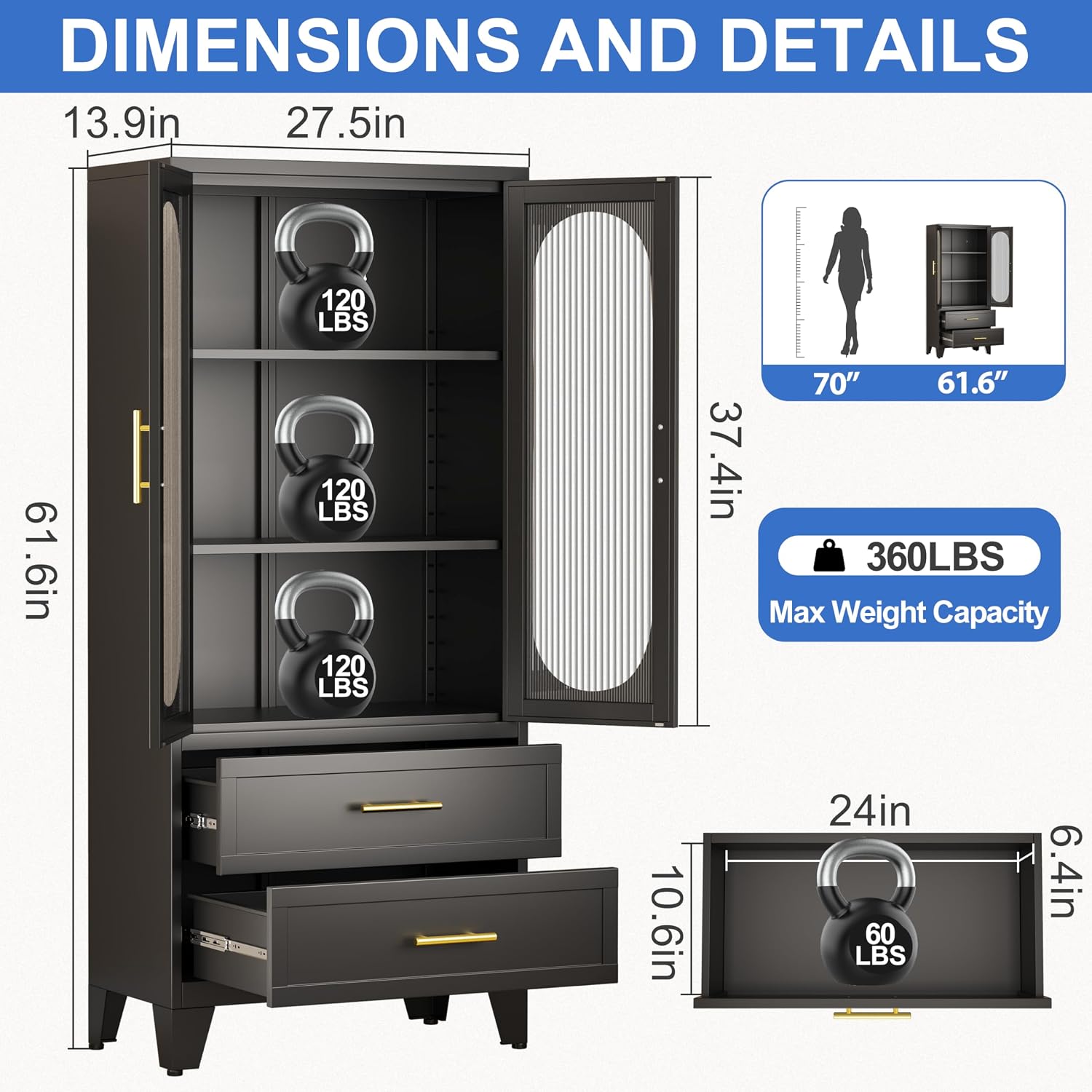 PAOFIN Kitchen Pantry Storage Cabinet with 2 Acrylic Doors, 2 Drawers,2 Adjustable Shelves, freestanding Cupboard Versatile Storage for Office, Laundry,Dining Room or Living Room (61' Black)