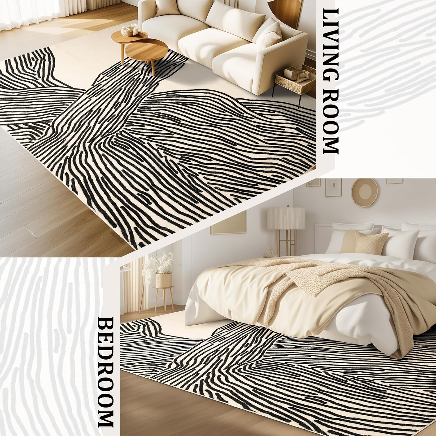YIHOUSE 9×12 Ft Washable Rug, Black and White Abstract Area Rug for Bedroom, Living Room, Dining Room, Office, Playroom, Nursery, Ultra Thin Nonslip Modern Large Rugs Soft Contemporary Striped Rugs