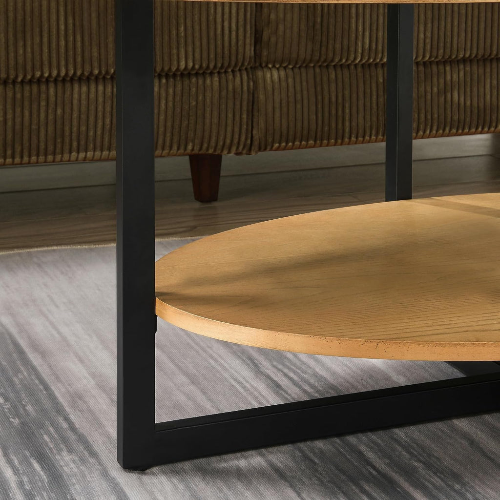 Solid Wood Oval Coffee Table with Cross Metal Legs, 43.3in Modern Industrail Center Table with Open Shelf Cocktail Tea Table for Living Room Bedroom, Natural Wood Color KFZ-1811-OA