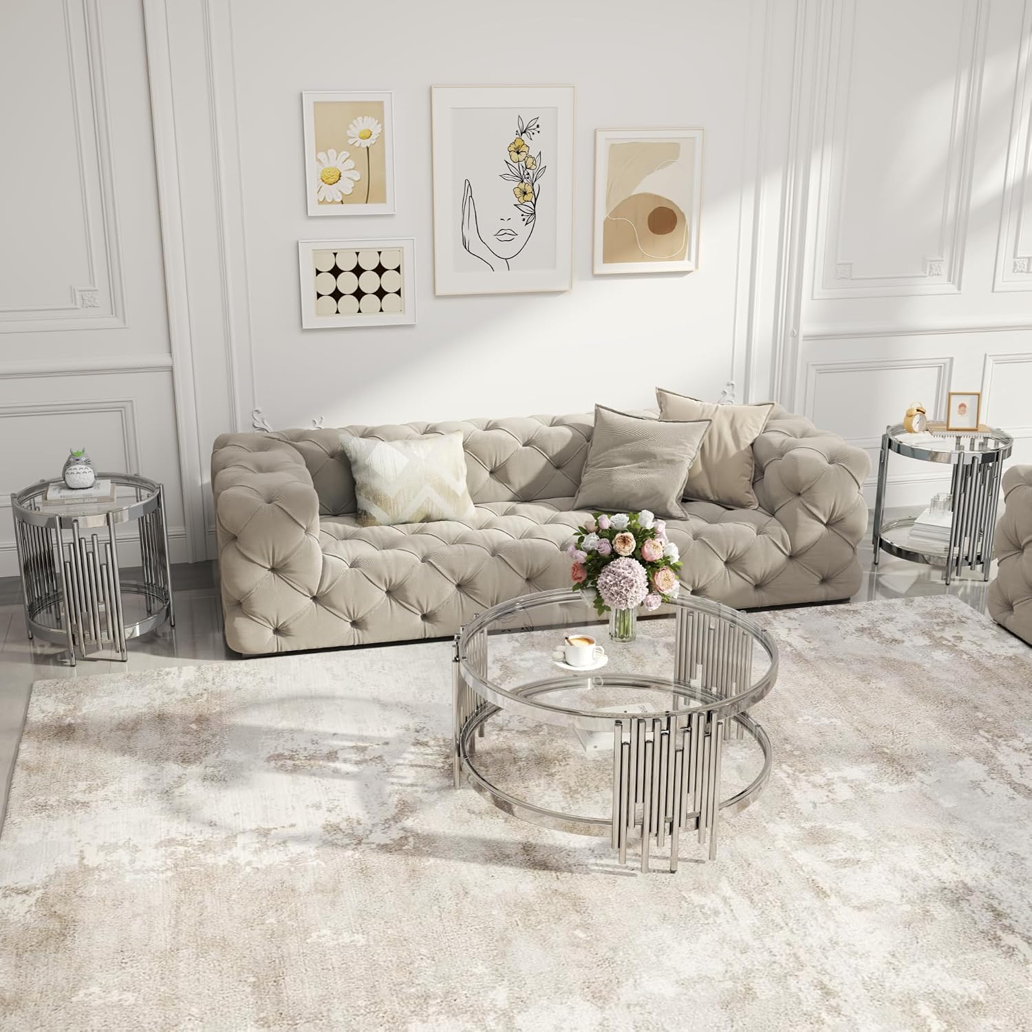 Round Glass Coffee Table Set of 3, Silver and Clear Modern Living Room Table Set, Includes 1 Coffee Table & 2 End Tables, Stainless Steel Base Tempered Glass Top, Luxury Furniture for Home Office