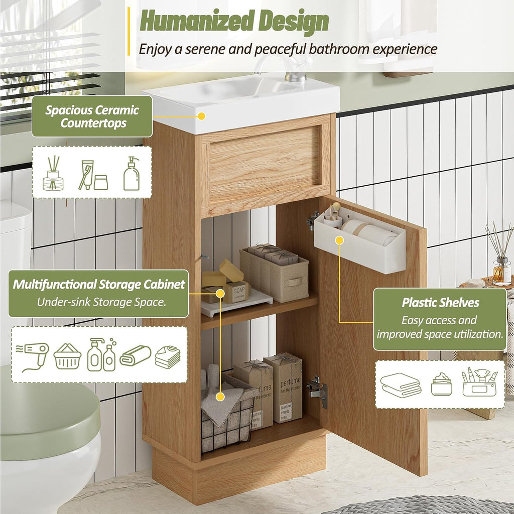 15.75' Rustic Bathroom Vanity with MDF Cabinet & Adjustable Shelf, Stylish Reversible Resin Sink & Push-to-Open Door - Perfect for Small Spaces!