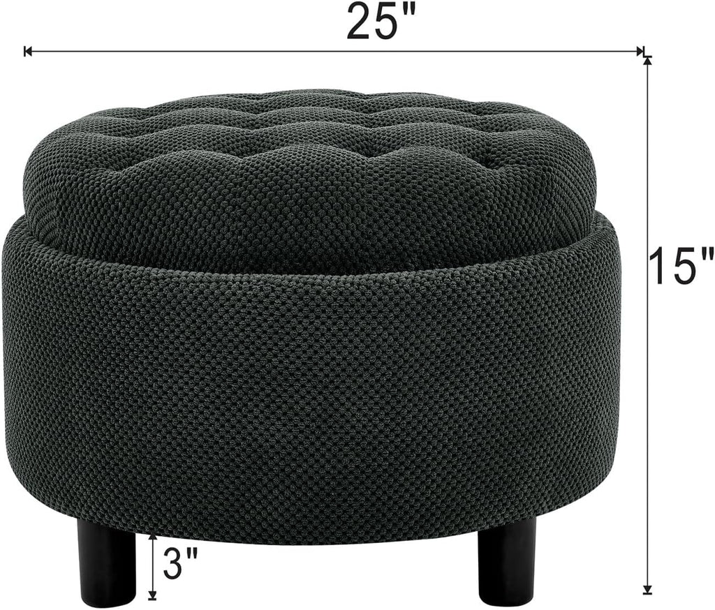 Round Storage Ottoman with Reversible Tray Lid, 25' Upholstered Button Tufted Coffee Table with Storage Foot Rest Stool for Living Room, Bedroom, Entryway, Dark Grey