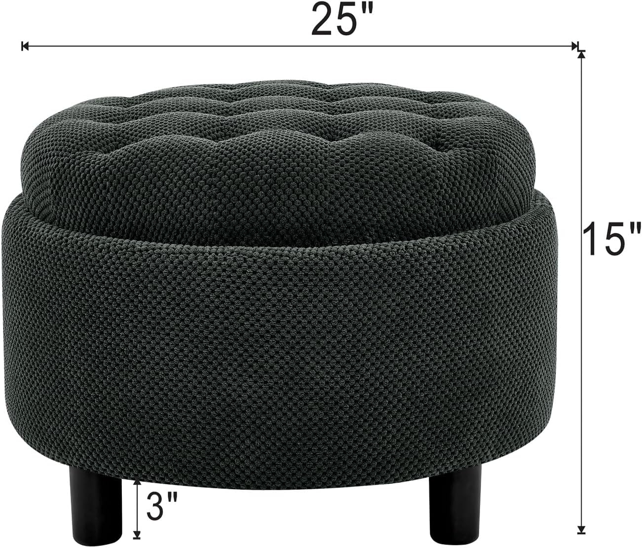 Round Storage Ottoman with Reversible Tray Lid, 25' Upholstered Button Tufted Coffee Table with Storage Foot Rest Stool for Living Room, Bedroom, Entryway, Dark Grey